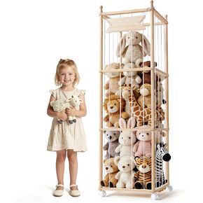 Ostutry Stuffed Animal Storage with Wheels - Wood Stuffed Animals Organizer Holder Zoo Large Capacity Plush Toy Cage with Elastic Band for Playroom, Bedroom, Nursery in Kuwait