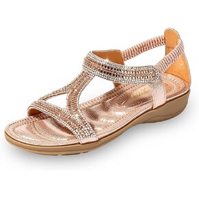 Women's Rhinestones T-Strap Flat Boho Sandals Round Open Toe Low Wedge Soft Soled Dress Sandals with Elastic ankle Strap for Causal Party Work Walking Daily Life in Kuwait