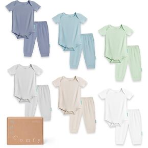 PurComfy Baby Bodysuits and Pants Set, 12-Piece Bamboo Viscose Unisex Baby Outfit, Matching Neutral Baby Clothes for 0-24M in Kuwait