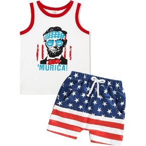 Toddler 4th Of July Outfit Boy Lincoln Sleeveless T-Shirt Top +American Flag Short Pants 2pcs in Saudi Arabia
