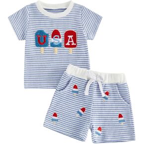 Toddler Boy 4th of July Outfit USA Short Sleeve T-shirt Plaid Shorts Baby Boy Independence Day Clothes Summer Set in Saudi Arabia