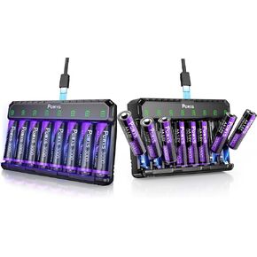 POWXS Rechargeable Lithium AA Batteries with USB-C Charger, 8-Pack 3500mWh, 2000 Cycles Fast Charging Station for Blink Cameras, Game Controllers & High-Drain Devices, Compatible with AA/AAA in Kuwait