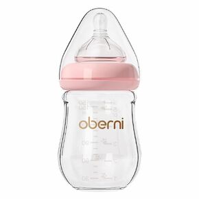 Oberni Glass Baby Bottles,Anti Colic Breastfeeding Bottle with Natural Response Nipple Size S,Wide Neck Slow Flow Baby Bottle for Baby,Newborn,Preemie 0-3 0-6 Month,BPA Free (Pink, 1 Pack, 5 Ounce) in Kuwait