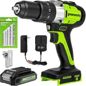 Greenworks 24V Brushless 1/2" Hammer Drill (Metal Chuck / 530 in.-lbs. / 20+3 Clutch / LED Light) + 5 PC Drill Bits, 2.0Ah Battery and Charger Included in Kuwait