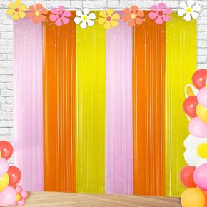 Groovy Foil Fringe Curtains Backdrop Birthday Party Decorations, 2 Pack | 3.28 x 6.56 Ft Orange Yellow Pink Tinsel Streamers Photo Booth Props for Hippie Retro Boho Themed Party Decor Supplies Favors in Saudi Arabia