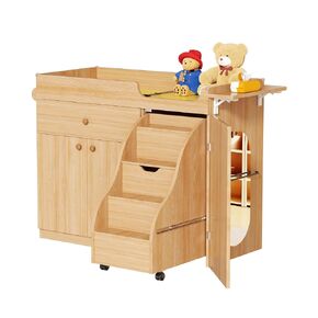 Changing Table with Stairs, Montessori Diaper Station for Daycare & Home (Right Stairs) | PU Changing Pad, Safety Strap & Handrail, Large Storage, Acrylic Mirror, Foldable Shelves, Paper Roll Holder & Wheels in Kuwait
