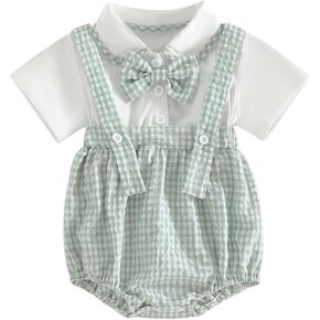 Newborn Baby Boy Summer Clothes Plaid Short Sleeve Button Bubble Shirt Romper Suspender Bodysuit Gentleman Outfit in Kuwait
