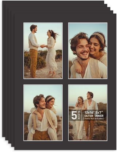 Golden State Art, 5 Pack 12x16 Collage Mats for Four 5x7 Photos Black | Pre-Cut includ 4 4.5x6.5 Opening, Acid Free,White Core Bevel Cut 4-Ply Thick For Pictures Print Graduations and Art Display in Kuwait