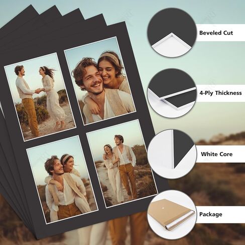 Golden State Art, 5 Pack 12x16 Collage Mats for Four 5x7 Photos Black | Pre-Cut includ 4 4.5x6.5 Opening, Acid Free,White Core Bevel Cut 4-Ply Thick For Pictures Print Graduations and Art Display in Kuwait