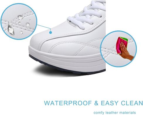 RUIDENG Walking Sneakers for Women Comfy | Womens Tennis Shoes Work Long Hours | Waterproof Leather Thick Rocker Bottom White Blue Size 7 in Kuwait