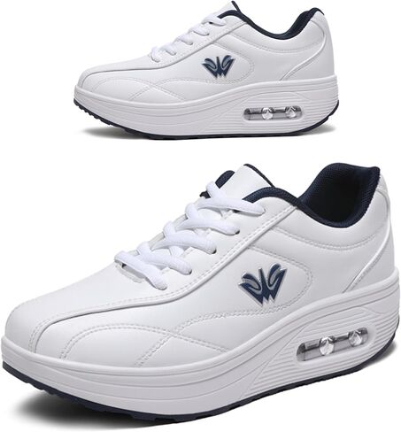 RUIDENG Walking Shoes for Women Supportive | Work Sneakers Whole Day Standing | Waterproof Leather Thick Rocker Bottom White Blue Size 9 in Kuwait