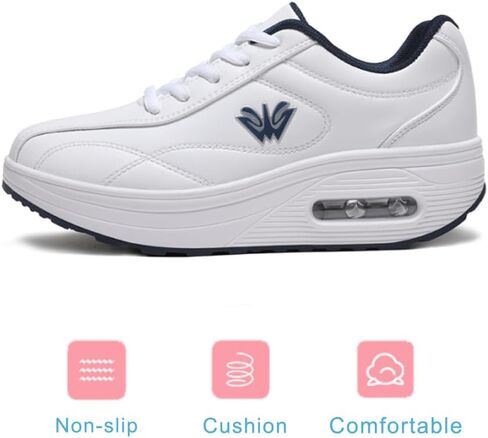 RUIDENG Walking Shoes for Women Supportive | Work Sneakers Whole Day Standing | Waterproof Leather Thick Rocker Bottom White Blue Size 9 in Kuwait