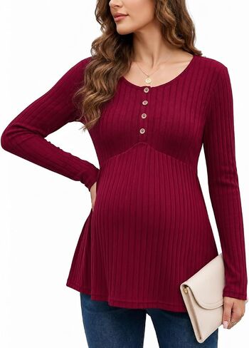 Genhoo Womens Maternity Tops Long Sleeve Maternity Shirts Henley Clothes | Crew Neck, Long Sleeve, Ribbed, Henley Tunic, Pelpum Blouses, Pregnancy Babydoll Clothes in Kuwait