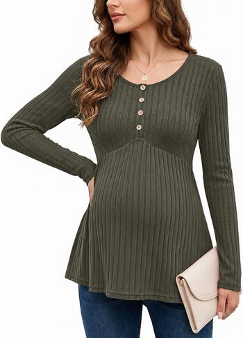 Genhoo Womens Maternity Tops Long Sleeve Maternity Shirts Henley Clothes | Crew Neck, Long Sleeve, Ribbed, Henley Tunic, Pelpum Blouses, Pregnancy Babydoll Clothes in Kuwait