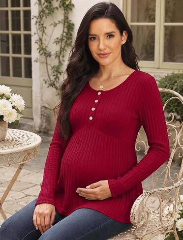 Genhoo Womens Maternity Tops Long Sleeve Maternity Shirts Henley Clothes | Crew Neck, Long Sleeve, Ribbed, Henley Tunic, Pelpum Blouses, Pregnancy Babydoll Clothes in Kuwait