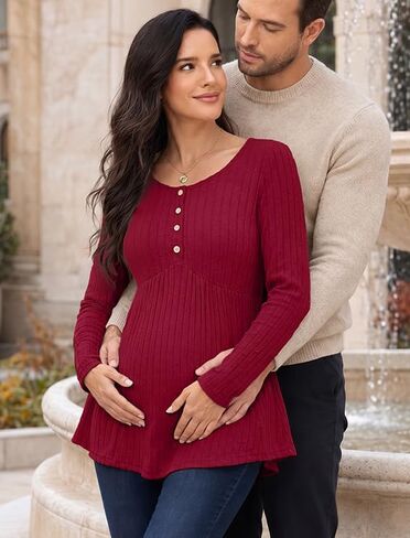 Genhoo Womens Maternity Tops Long Sleeve Maternity Shirts Henley Clothes | Crew Neck, Long Sleeve, Ribbed, Henley Tunic, Pelpum Blouses, Pregnancy Babydoll Clothes in Kuwait