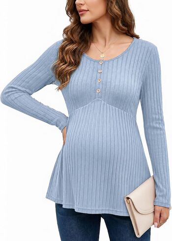 Genhoo Womens Maternity Tops Long Sleeve Maternity Shirts Henley Clothes | Crew Neck, Long Sleeve, Ribbed, Henley Tunic, Pelpum Blouses, Pregnancy Babydoll Clothes in Kuwait