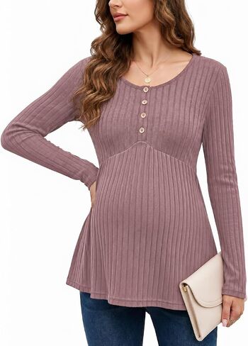 Genhoo Womens Maternity Tops Long Sleeve Maternity Shirts Henley Clothes | Crew Neck, Long Sleeve, Ribbed, Henley Tunic, Pelpum Blouses, Pregnancy Babydoll Clothes in Kuwait
