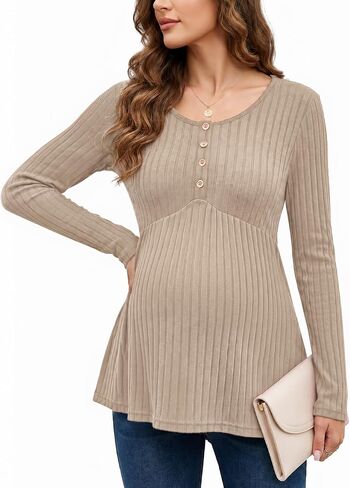 Genhoo Womens Maternity Tops Long Sleeve Maternity Shirts Henley Clothes | Crew Neck, Long Sleeve, Ribbed, Henley Tunic, Pelpum Blouses, Pregnancy Babydoll Clothes in Kuwait