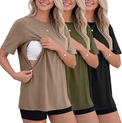 3 Pack Women's Oversized Nursing Tops | Breastfeeding Tops, Short Sleeve, Maternity, Pregnancy, with Hidden Zippers, Loose, Fit, Lightweight, Crew Neck, Multipack in Saudi Arabia