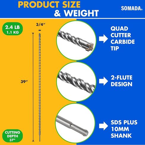 SOMADA 3/4" x 39" SDS Plus Rotary Hammer Drill Bit, Carbide Tip in Saudi Arabia