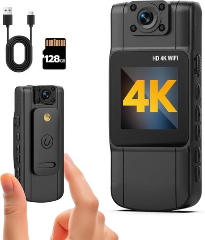 4K Body Camera with Audio and Video Recording, 128G Mini Wearable Body Cam | 180° Rotating Lens, Night Vision, 15Hrs Battery, Magnetic Clip Portable Cameras for Sports Travel and Police Law Enforcement in Kuwait