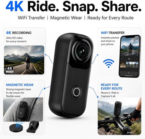 4K Mini Action Camera with 64GB Card, 33ft Waterproof WiFi Thumb Cam, Magnetic Wearable POV Pocket Body Camera,Hands-Free POV Pocket Camera for Motorcycles, TikTok YouTube & Vlogs in Kuwait