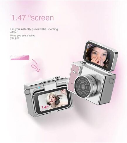 2K 1.47 Inch Flip Lens Mini CCD Camera | Retro Mini Camera 30g Pocket Size Support Up To 128GB TF Card(64GB Memory,Matte Silver Pink) in Kuwait