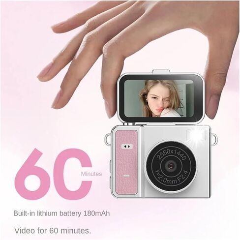 2K 1.47 Inch Flip Lens Mini CCD Camera | Retro Mini Camera 30g Pocket Size Support Up To 128GB TF Card(64GB Memory,Matte Silver Pink) in Kuwait