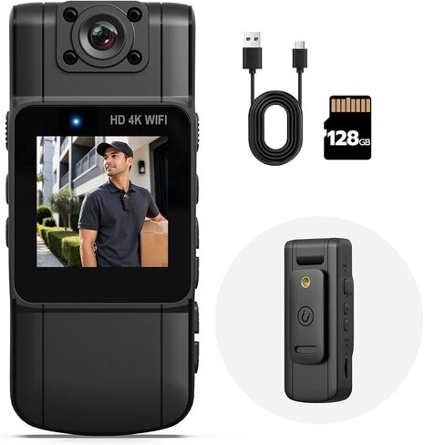 eLinkSmart 4K Body Camera with Audio and Video Recording, 128GB Mini Wearable Bodycam, 180° Rotating Lens & Night Vision, 15Hrs Standby Battery for Delivery Driver, Cycling, Hiking, Outdoor Work in Kuwait