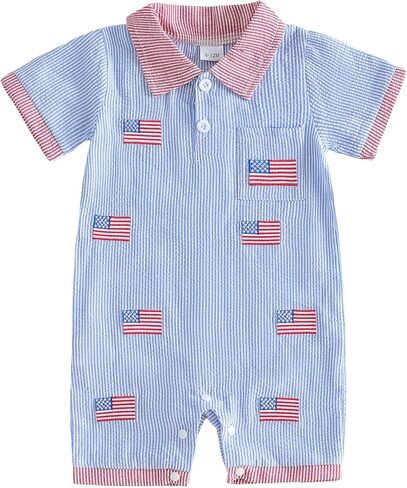 Bagilaanoe Infant Baby Boy 4th of July Outfit American Flag Collared Button Up Short Sleeve Romper Jumpsuit in Kuwait