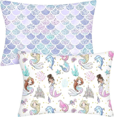 Ganeen 2 Pcs Mermaid Toddler Pillowcase Sized 14" x 19" Fits 12" x 16" or 13" x 18" Cotton Pillow Cover Kids Soft Pillowcase for Travel Girl Boy Infant Sleep(Mermaid) in Kuwait