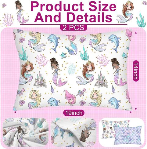 Ganeen 2 Pcs Mermaid Toddler Pillowcase Sized 14" x 19" Fits 12" x 16" or 13" x 18" Cotton Pillow Cover Kids Soft Pillowcase for Travel Girl Boy Infant Sleep(Mermaid) in Kuwait