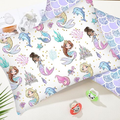 Ganeen 2 Pcs Mermaid Toddler Pillowcase Sized 14" x 19" Fits 12" x 16" or 13" x 18" Cotton Pillow Cover Kids Soft Pillowcase for Travel Girl Boy Infant Sleep(Mermaid) in Kuwait
