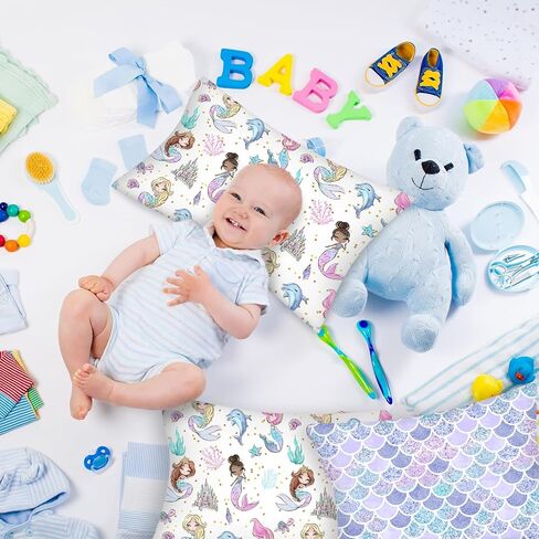 Ganeen 2 Pcs Mermaid Toddler Pillowcase Sized 14" x 19" Fits 12" x 16" or 13" x 18" Cotton Pillow Cover Kids Soft Pillowcase for Travel Girl Boy Infant Sleep(Mermaid) in Kuwait