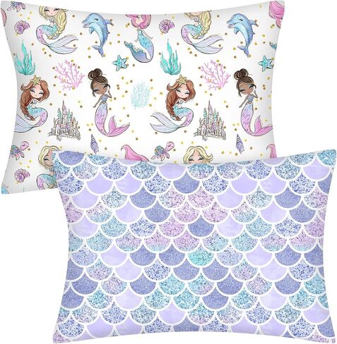 Ganeen 2 Pcs Mermaid Toddler Pillowcase Sized 14" x 19" Fits 12" x 16" or 13" x 18" Cotton Pillow Cover Kids Soft Pillowcase for Travel Girl Boy Infant Sleep(Mermaid) in Kuwait