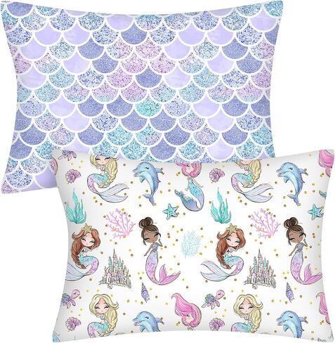 Ganeen 2 Pcs Mermaid Toddler Pillowcase Sized 14" x 19" Fits 12" x 16" or 13" x 18" Cotton Pillow Cover Kids Soft Pillowcase for Travel Girl Boy Infant Sleep(Mermaid) in Kuwait