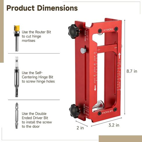 Door Hinge Jig, Aluminum Alloy Door Hinge Tool Kit for Router, Adjustable Hinge Mortise Template Set for 2.5"-5" Length, 1/4" & 5/8" Radius, Square Corner Hinges in Kuwait