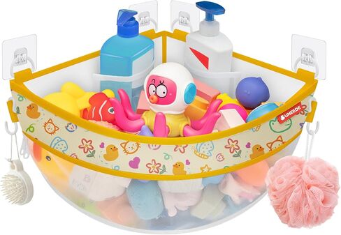 UNEEDE 4.32 Gallons Duck Print Corner Mounted Bath Toy Storage Holder | Yellow Mesh Shower Caddy for Bathtub Organizer, Quick Dry Holder in Kuwait