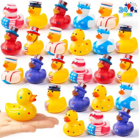 JOYIN 24 Pcs Patriotic Rubber Ducks, Red White Blue 4th of July Bulk Ducks with 8 Patriotic Designs, Independence Day Party Favor Gift Bath Toys for Kids Toddlers in Kuwait