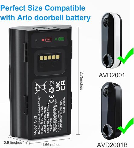 7000mAh Rechargeable Back-Up Battery for Arlo Wire-Free Video Doorbell | Compatible with AVD2001 AVD2001B VMA2400 A-12, Long-Lasting Power Supply for Arlo Doorbell Camera in Kuwait