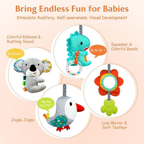 XIXILAND Car Seat Toys Baby Toys 0-3 Months Developmental, Stroller Toys Infant Toys 0-6 Months Newborn Toys, Carseat Toys for Infants 0-12 Months with Dinosaur, Lion Mirror, Teether in Kuwait