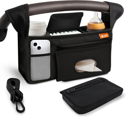 Universal Stroller Organizer Bag - Stroller Caddy Organizer with XL Insulated Cup Holder (x2), Phone Holder, Wipes Dispenser, Zip-Off Wrist Bag & Clip-On Shoulder Strap, Baby Travel Gear in Kuwait