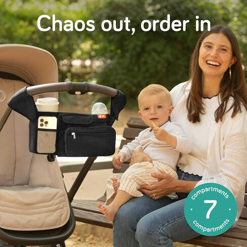 Universal Stroller Organizer Bag - Stroller Caddy Organizer with XL Insulated Cup Holder (x2), Phone Holder, Wipes Dispenser, Zip-Off Wrist Bag & Clip-On Shoulder Strap, Baby Travel Gear in Kuwait