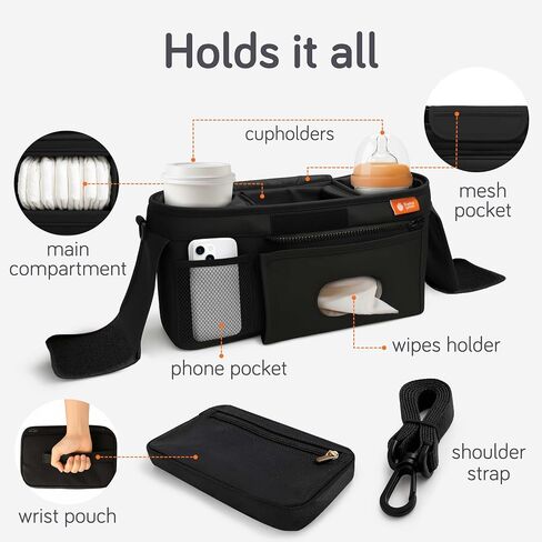 Universal Stroller Organizer Bag - Stroller Caddy Organizer with XL Insulated Cup Holder (x2), Phone Holder, Wipes Dispenser, Zip-Off Wrist Bag & Clip-On Shoulder Strap, Baby Travel Gear in Kuwait