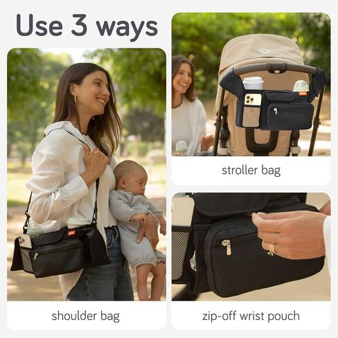 Universal Stroller Organizer Bag - Stroller Caddy Organizer with XL Insulated Cup Holder (x2), Phone Holder, Wipes Dispenser, Zip-Off Wrist Bag & Clip-On Shoulder Strap, Baby Travel Gear in Kuwait