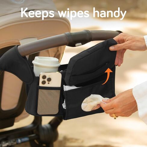 Universal Stroller Organizer Bag - Stroller Caddy Organizer with XL Insulated Cup Holder (x2), Phone Holder, Wipes Dispenser, Zip-Off Wrist Bag & Clip-On Shoulder Strap, Baby Travel Gear in Kuwait