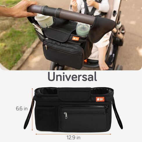 Universal Stroller Organizer Bag - Stroller Caddy Organizer with XL Insulated Cup Holder (x2), Phone Holder, Wipes Dispenser, Zip-Off Wrist Bag & Clip-On Shoulder Strap, Baby Travel Gear in Kuwait