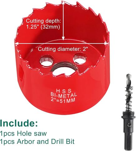 HYCHIKA 2 Inch/51mm Hole Saw,Bi-Metal Cutter Hole Max Cutting Depth 32mm with 1 Arbor Drill Bit for Wood Cutting Cornhole Plastic Drywall Boards Fiberboard in Kuwait