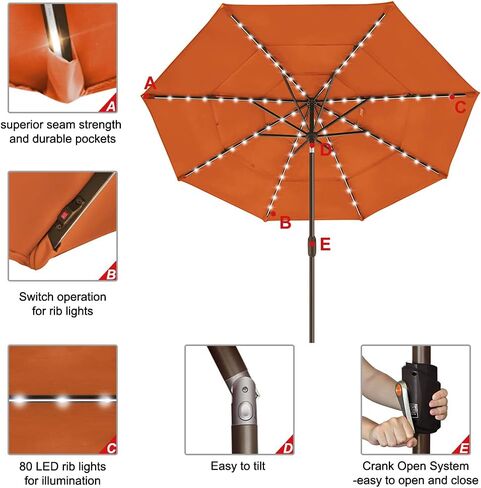 EliteShade 1 Set of 9ft 3-Tier Umbrella with Lights (Rust) & Hitch Mount Umbrella Holder in Kuwait